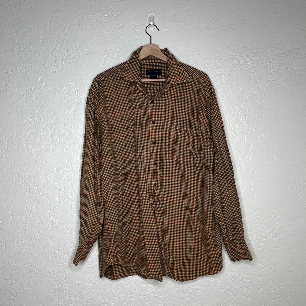 Scott Barber Mens XL Plaid Button Down Shirt 100% Cotton Mustard Navy Red Check